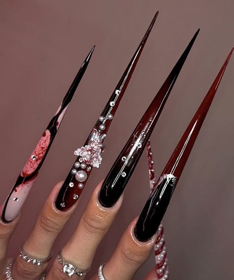 Long Acrylic Nails Stiletto Ideas, Vampire Nails Stiletto, Stilleto Nails Emo, Stilleto Nails Long Grunge, Goth Nails Stiletto Long, Xl Goth Nails, Blood Nails, Acrylic Nails Stiletto, Neon Acrylic Nails