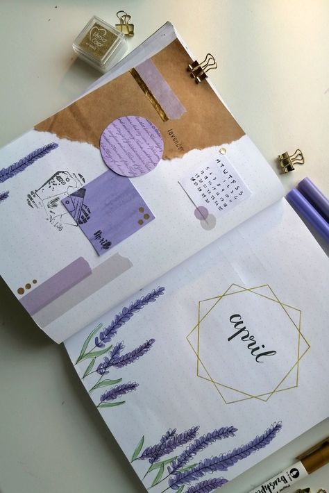 Teachers Day Scrapbook Ideas, Purple Theme Journal Ideas, Lavender Journal Ideas, April Scrapbook Ideas, Aesthetic Purple Journal Ideas, Lavender Bullet Journal Theme, Bujo March Cover, Purple Journal Aesthetic, Lavender Bujo