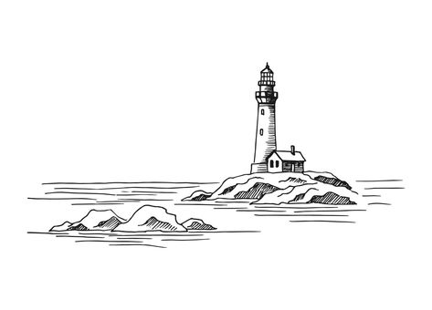 Seascape. Lighthouse. Hand drawn illustration converted to vector. Sea coast graphic landscape sketch illustration vector. Lighthouse Sketch, Graphic Landscape, Lighthouse Drawing, Beginner Sketches, Fineliner Art, Lighthouse Tattoo, Pen Art Drawings, Outline Illustration, Landscape Sketch