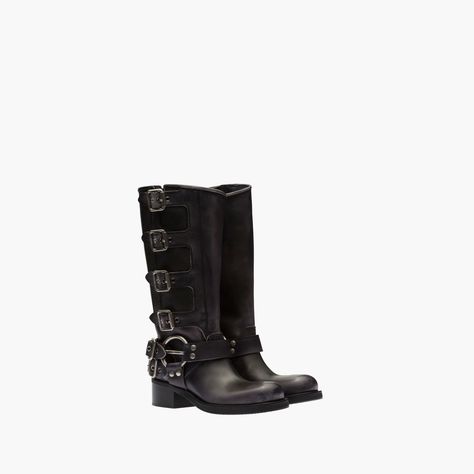 Leather biker boots Black | Miu Miu Miu Miu Boots, Punk Rockstar, Prada 2005, Hailey Baldwin Style, Masculine Design, Shoes And Socks, Harness Boots, Fashion Mood Board, Custom Vans