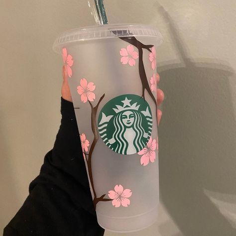 Cheery Blossom Venti (24 Oz) Reusable Cup. I Hand Make All My Cups And They Are Not Used, They Are Brand New. Here Is My Etsy Link For More: Https://Etsy.Me/3aiapmv Cherry Blossom Starbucks Cup, Custom Starbucks Cup Design, Cute Vinyl Cup Ideas, Painted Starbucks Cups, Cute Starbucks Cup Designs, Cricut Starbucks Cup Ideas, Starbucks Cup Designs Ideas, Starbucks Cold Cup Designs, Cold Cup Design Ideas