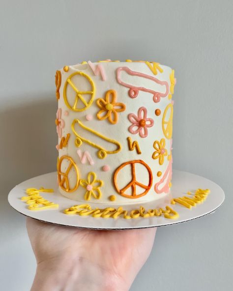 🌼🛹☮️⚡️🌸 • • Order groovy cakes on our website 🔗 in bio! • • #groovycake #70scake #buttercreamcakes #buttercreamcake #buttercream #buttercreamart #customcake #cakedecorating #cakestagram #cakedesign #instacake #cakeideas #vermontbakery #vermontbaker #homebaker #homebakery #bakergram #vermont #madeinvermont #madeinvt #shelburnevermont #shelburnevt #bluehousebakeshop #cake #baker #pastrychef Groovy Sheet Cake, 60s Cake, Groovy Cake, 22nd Birthday Cakes, Cake Diy, Cream Art, 22nd Birthday, Home Bakery, Birthday Idea