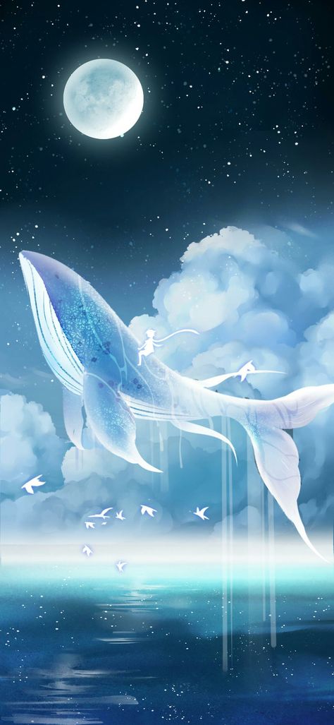 Sky Whales Art, Sky Whale Art, Whale Anime, Whales In The Sky, Whale Wallpapers, Whale In The Sky, Sky Whale, Flying Whale, Dream Illustration