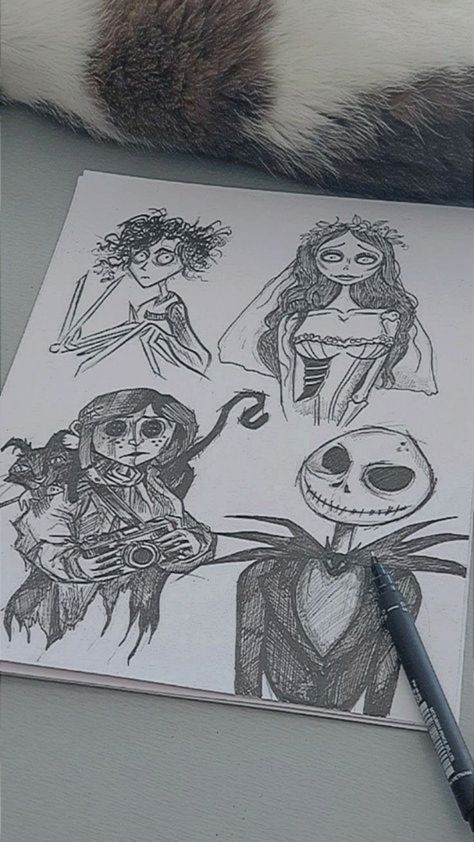 Halloween Sketches Aesthetic, Drawing Ideas Tim Burton, Tim Burton Style Sketches, Drawing Inspo Halloween, Drawings Ideas Halloween, Halloween Inspired Drawings, Tim Burton Artist Research Page, Halloween Character Drawings, Drawings On Legs Art With Pen