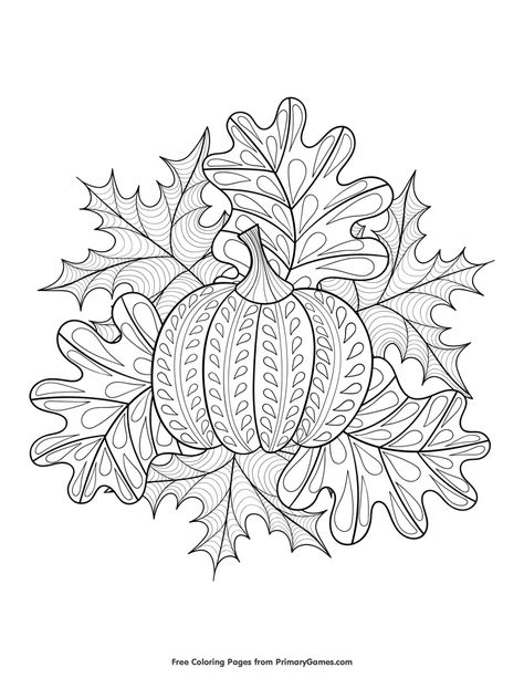 Free printable Halloween coloring pages for use in your classroom and home from PrimaryGames. Fall Leaves Coloring Pages, Leaf Coloring Page, Pumpkin Coloring Pages, Halloween Coloring Book, Thanksgiving Coloring Pages, Zentangle Designs, Fall Coloring Pages, Halloween Coloring Pages, Leaf Coloring