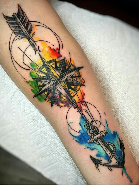 Watercolor Arrow Tattoo, New School Tattoos, Tato Maori, Element Tattoo, Colorful Tattoo, Tattoo Placements, Geniale Tattoos, Tatuaje A Color, Arrow Tattoo