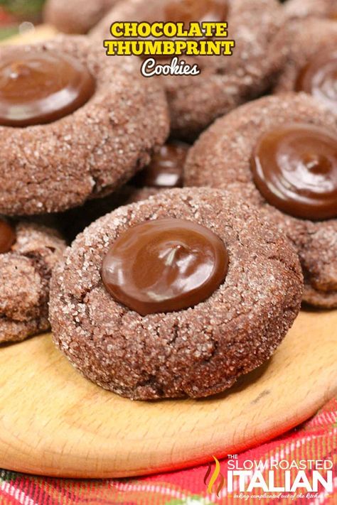 Double Chocolate Thumbprint Cookies - The Slow Roasted Italian Turtle Thumbprint Cookies Recipe, Chocolate Ganache Thumbprint Cookies, Thumbprint Cookies With Chocolate Center, Cookie Recipes Thumbprint, Cookies Thumbprint, Double Chocolate Cookies Recipe, Chocolate Thumbprint Cookies, Slow Roasted Italian, The Slow Roasted Italian