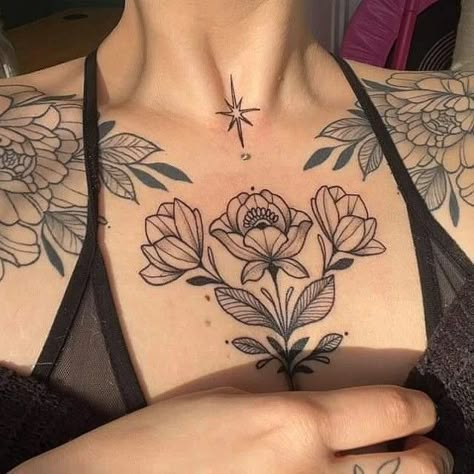 Botanical Chest Tattoo, Rolly Polly Tattoo, Spicy Tattoo, Neck Tattoo Design, Chest Piece Tattoos, Chest Tattoos For Women, Sternum Tattoo, Baby Tattoos, Best Tattoo Designs