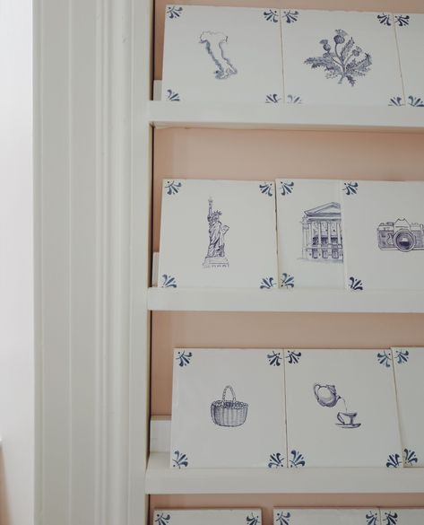 Our fun take on the blue and white classic ceramic Delft tiles.⁠ Each one is hand painted with Petra's creative designs ranging from flowers like like the Scottish wild thistles, everyday items like a picnic basket or tea pot cup and saucer, to great monuments like the Statue of Liberty. ⁠.⁠ .⁠ .⁠ .⁠ .⁠ .⁠ .⁠ .⁠ .⁠ .⁠ .⁠ .⁠ .⁠ .⁠ #tiles #delfttiles #delft #tileinspiration #kitchendesign #laundrydecor #petrapalumbo Delft Tile Fireplace, Delft Tiles Kitchen, Blue And White Tiles, Blue Kitchen Tiles, Blue Interiors, Wallpaper And Tiles, Kitchen Conversion, Delft Tiles, Laundry Decor