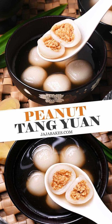 Peanut Tang Yuan is a classic Chinese dessert consisting of soft, chewy glutinous rice balls filled with peanut filling and served in fragrant ginger soup. Tang Yuan Recipe, Glutinous Rice Balls, Tang Yuan, Peanut Cookies, Ginger Soup, Chinese Dessert, Dairy Free Dessert, Glutinous Rice, Rice Balls