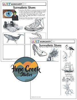 Surrealism  This 2-page Surrealism Art Lesson asks your students to create a drawing that combines shoes with an object or animal together. You work with a Converse sneaker and a high heel shoe. This task is within keeping of Surrealist movement where artists would transform or morph one object into another. This worksheet creates a great art lesson, intro to surrealism, bell ringer, sub plan, etc. Feel free to have students use larger paper or just use a warm-up on the worksheet in the smaller space.***********************************************************************Hope Creek Studios specializes in Art Studio and History, Photography and Graphic Design lessons and creative aids. Click here to see MORE STUDIO ART worksheets, lessons, & creative aids in our TPT store!FOLLOW ME to ge Surrealism Art Lesson, Surrealism Art Projects, Graphic Design Lesson Plans, High School Art Room, Art Sub Plans, Drawing Shoes, Art Teacher Resources, Art Handouts, Surealism Art