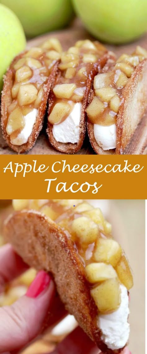 Cheesecake Tacos Recipe, Tacos Crunchy, Apple Cheesecake Tacos, Apple Tacos, Cinnamon Sugar Tortilla, Cheesecake Apple, Cheesecake Tacos, Apple Pie Tacos, Sweet Taco