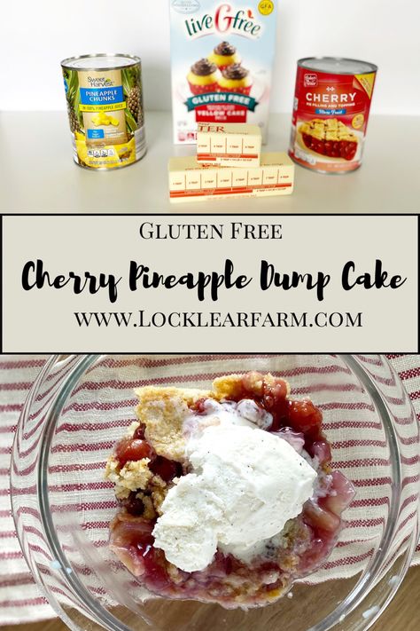 Classic Gluten Free Cherry Pineapple Dump Cake is a golden layer of gluten-free yellow cake mix over pineapple cherry filling. With only 4 ingredients, 1 pan and 5 minutes to assemble, it is sure to be a new favorite! Gluten Free Yellow Cake Mix Desserts, Gluten Free Cherry Dump Cake, Pinapple Dump Cake, Yellow Cake Mix Desserts, Gluten Free Yellow Cake Mix, Gluten Free Cobbler, Cherry Pineapple Dump Cake, Pineapple Dump Cake, Gluten Free Cake Mixes