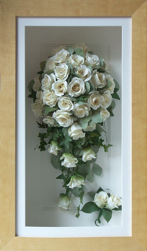 Re-purpose your wedding bridal bouquet in shadow box or frame to use as home decor | http://blog.petalsbyxavi.com Bouquet Shadow Box, Large Wedding Bouquet, Wedding Shadow Box, Cascading Bridal Bouquets, Dried Roses, Bouquet Box, Wedding Bouquet Preservation, Flower Preservation, Bridal Bouquet Flowers