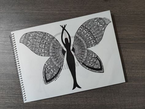 Butterfly women Mandala Drawing Creative, Mandala Drawing Ideas Creative Beautiful, Butterfly Mandala Design, Mandala Art Designs, Butterfly Mandala Art, How To Draw Butterfly, Manchow Soup, Draw Butterfly, Mandala Butterfly