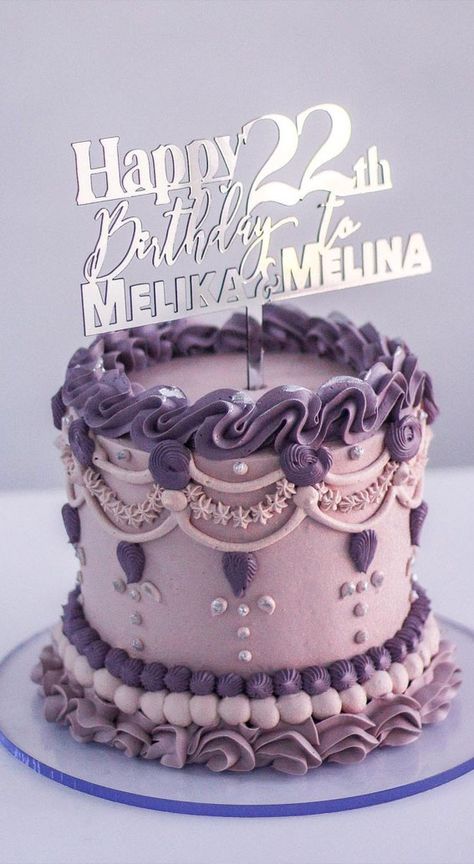 47 Cute Birthday Cakes For All Ages : Lavender birthday cake Purple Lambeth Cake, Cake Designs Lavender, Two Tone Cake, Purple Vintage Cake, Lavender Birthday Cake, Lilac Buttercream, Pretty Cake Ideas, Cake Lavender, Cake Piping Techniques