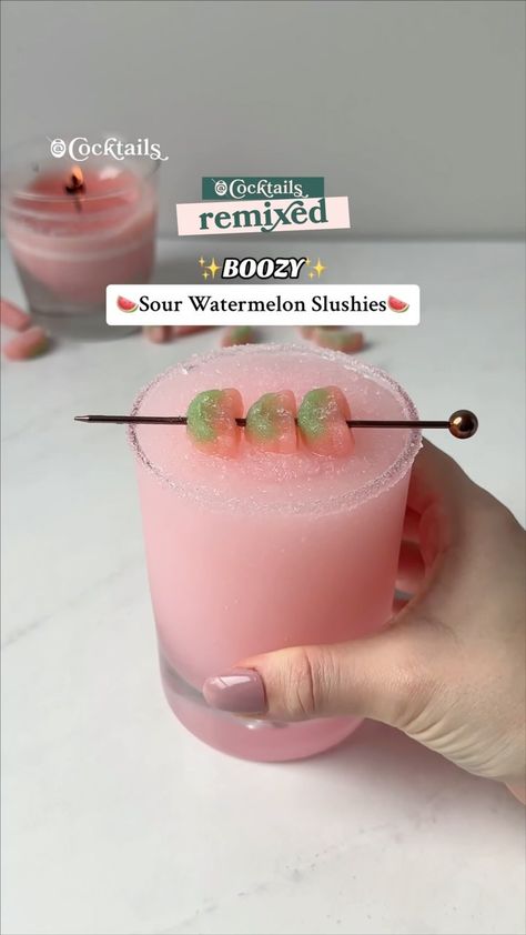 Cocktails (21+ to follow) | Sour, sweet and SO refreshing 🍉😍 This Boozy Sour Watermelon Slushie pairs perfectly with a hot summer day🍉 Tag a friend that would love… | Instagram Watermelon Sour Patch, Sour Patch Candy, Watermelon Slushie Recipe, Watermelon Slushie, Cocktail Party Drinks, Frozen Cocktail Recipes, Slushie Recipe, Perfect Summer Drink, Refreshing Drinks Recipes