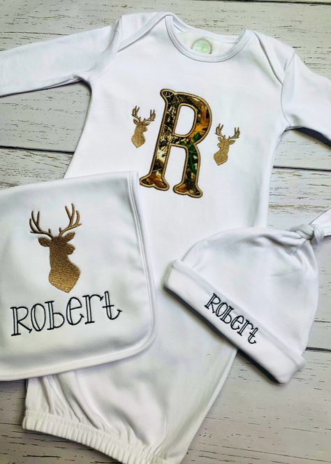 Deer Baby Shower Boy, Baby Boy Hunting, Hunting Baby, Deer Baby Showers, Personalized Onesie, Newborn Gown, Baby Boy Clothing Sets, Hunting Clothes, Cheer Bows