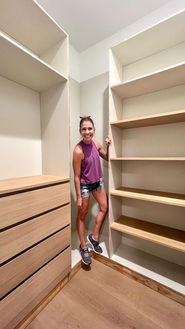 Lindsay Dean | DIY 👑 on Instagram: "My son’s closet makeover is just a perfect combo of giving him the storage space he asked for and me living out my mushroom and white oak design dreams 😂. I mean if that isn’t a win win idk what is 💁🏻‍♀️. But seriously, I’m loving this two tone combo! I still have to connect the two units together to make use of that corner and add all the fancy trim details to make it all built in 🤌🏻 stay tuned in stories as I finish it up and end up being jealous of my Two Tone Closet Cabinets, Two Tone Closet, Hall Closet Makeover, Being Jealous, Corner Closet, White Closet, Closet Colors, Hall Closet, Oak Laminate