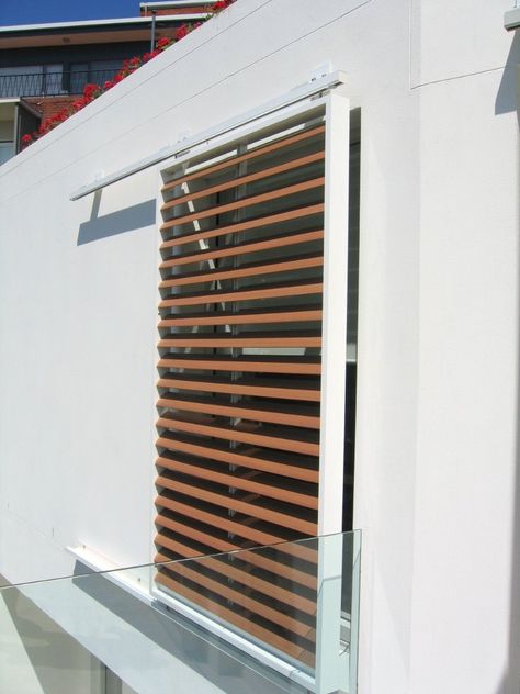 Innowood Sol'art solution. Exterior Blinds, Window Shutters Exterior, Window Glass Design, Outdoor Shutters, Louver Windows, Retail Facade, Wooden Facade, Outdoor Blinds, Solar Shades