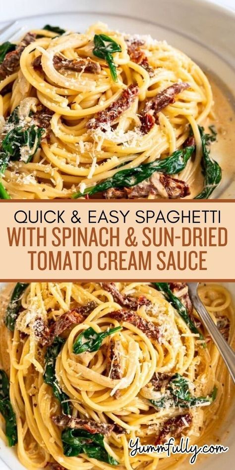 Need a quick but utterly delicious pasta fix? This 20-minute Spaghetti with Spinach & Sun-Dried Tomato Cream Sauce is it! It’s a one-pan masterpiece that is both simple and sophisticated. This could easily be a date night dinner or something you serve to pamper family and friends! Spaghetti Spinach, Spaghetti With Spinach, Tomato Cream Sauce, Easy Spaghetti, Pasta Dinner Recipes, Sun Dried Tomatoes, Creamy Pasta, Spaghetti Recipes, Cream Sauce