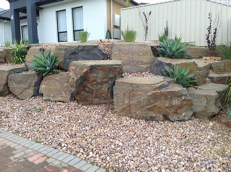 Moss Rocks, Rock Retaining Wall, Limestone Block, Airbnb Ideas, Ranch Remodel, Garden Inspo, Flower Landscape, Retaining Walls, Stone Feature