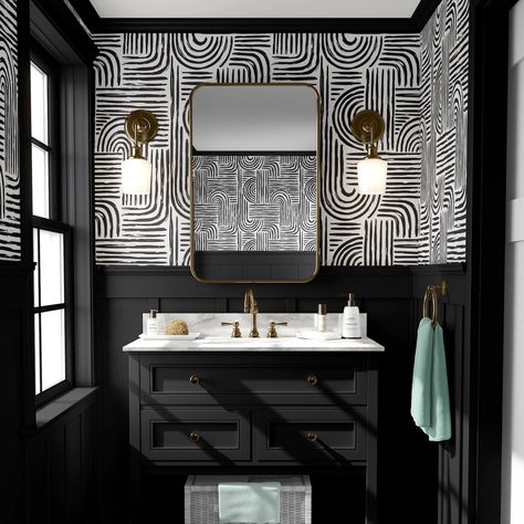 21 Best Bathroom wallpaper accent wall ideas - Bathroom wallpaper ideas Funky Bathroom, Bathroom Wallpaper Ideas, Dot Wallpaper, Black And White Bathroom, L Wallpaper, Wallpaper Abstract, Half Bathroom, Bathroom Inspiration Decor, Wallpaper Removable