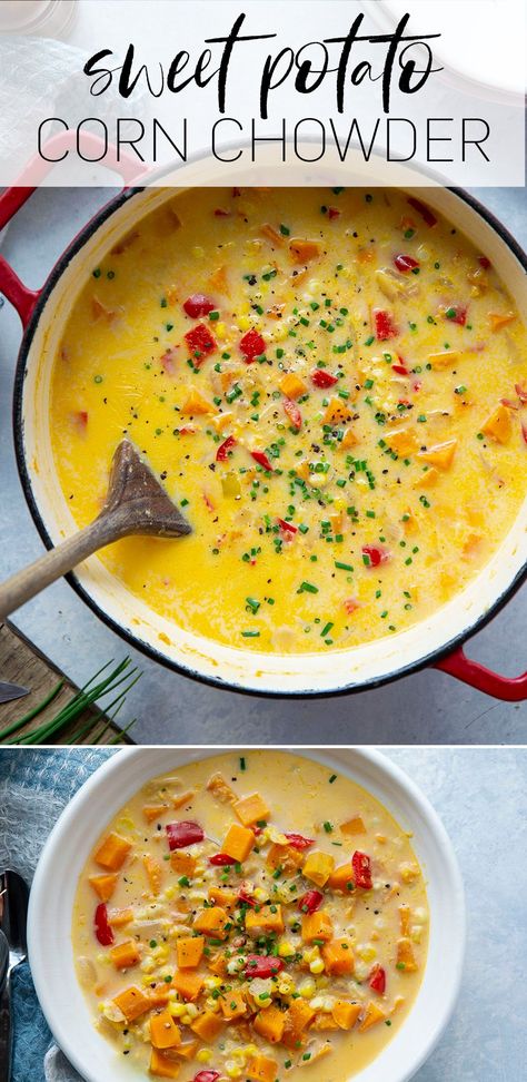 Sweet Potato Chowder Recipe, Potato Corn Chowder Soup, Sweet Potato Chunks, Corn Chowder Soup, Corn Soup Recipes, Potato Corn Chowder, Sweet Potato Soup Recipes, Sweet Corn Soup, Potato Chowder