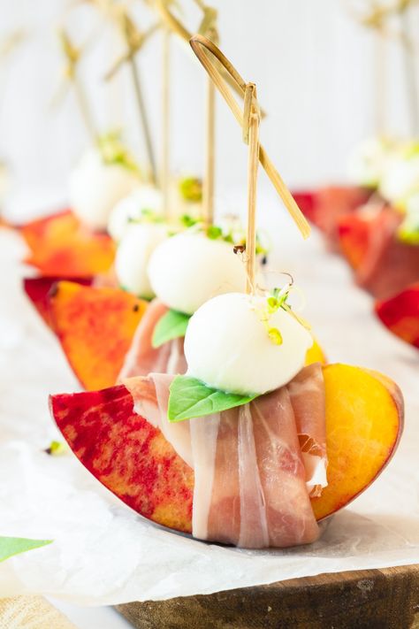 PROSCIUTTO WRAPPED PEACHES Peach Wrapped In Prosciutto, Prosciutto Wrapped Peaches, Peach And Prosciutto Appetizers, Peach Prosciutto Appetizer, Peach Appetizer, Prosciutto Appetizer, Mozzarella Appetizers, Peach Basil, Meal Train