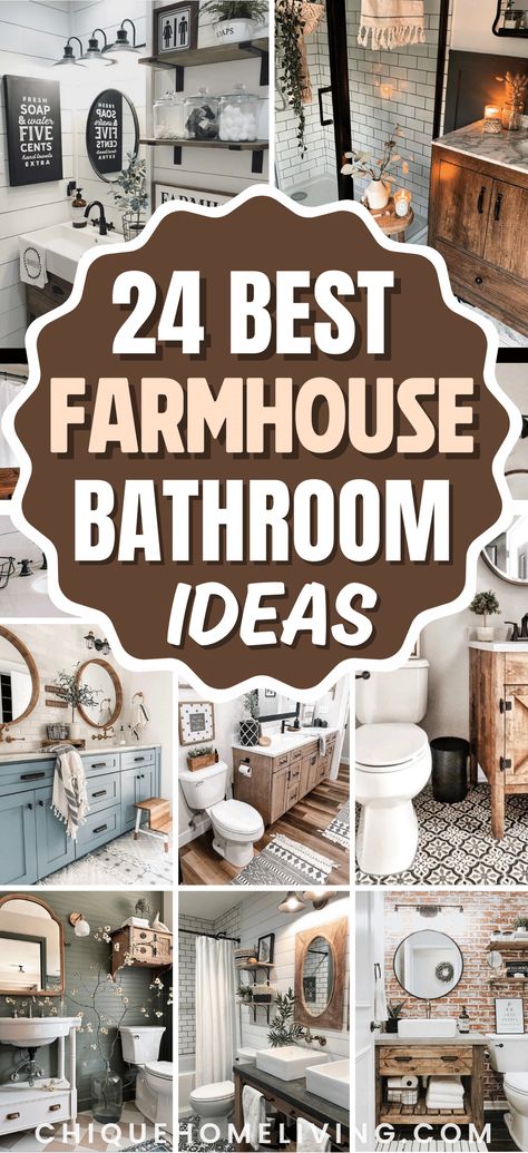 Are you on the hunt for farmhouse bathroom ideas to revamp your space? Check out these curated and swoon-worthy farmhouse bathrooms. Old Farmhouse Bathroom Remodel, Farmhouse Bathroom Tiles Design Ideas, Decorating Top Of Bathroom Cabinet, Farmhouse Bathroom Wallpaper Ideas, Small Bathroom Farmhouse Style, Farmhouse Main Bathroom, Neutral Farmhouse Bathroom, Farm House Mirrors Bathroom, Country Style Bathroom Ideas