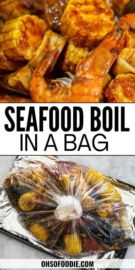 text reads Seafood Boil In A Bag Homemade Seafood Boil, Seafood Boil Bag, Seafood Boil In A Bag, Easy Seafood Boil, Seafood Boil Recipes Cajun, Shrimp Boil In Oven, Smoked Seafood, Seafood Boil Seasoning, Seafood Boil Recipe