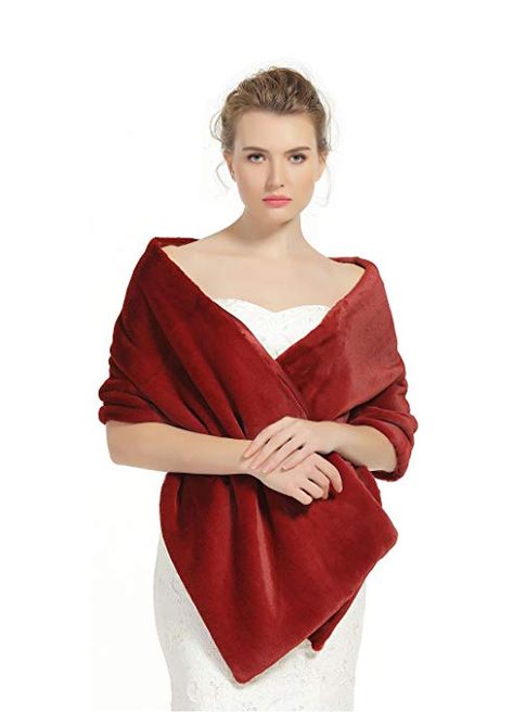 Shawl Wrap Faux Fur Shrug Stole Scarf Winter Bridal Wedding Cover Up Burgundy at Amazon Women’s Clothing store Red Dress Gala, Mermaid Hat, Faux Fur Shrug, Dress Gala, Mens Cashmere Scarf, Fall Winter Wedding, Winter Wedding Guest, Fur Shrug, Faux Fur Shawl