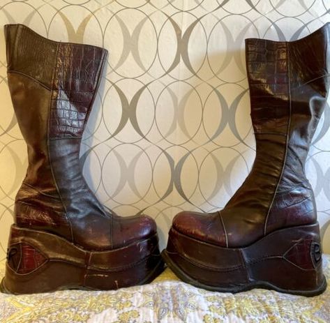 Vintage BUNKER Club Kid Platform Boots Trash & Vaudeville NYC RARE! Unisex SZ 41 | eBay Unique Shoes Aesthetic, Platform Boots Vintage, Unique Platform Shoes, Unique Women Shoes, 90s Chunky Boots, Demonic Boots, Vintage Platform Boots, Steam Punk Boots, Maxi Skirt And Boots