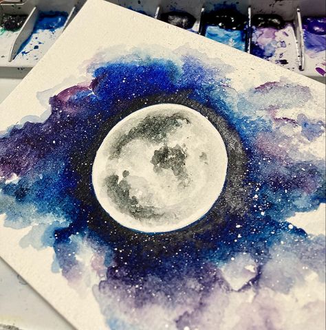 Moon On Water Tattoo, Watercolor References, Celestial Painting, Night Watercolor, Paintings Nature, Watercolor Paintings Nature, Pencil Painting, Kids Art Class, Moon Painting