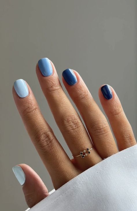 Top 20 Short Nail Blue Designs for a Stylish Summer Gel Nails Block Colour, Shades Of Blue For Nails, Blue Palette Nails, Hues Of Blue Nails, Gel Nail Blue Designs, Monochromatic Blue Nails, Summer Color Block Nails, Blue Skittle Nails, Blue Multicolor Nails Acrylic