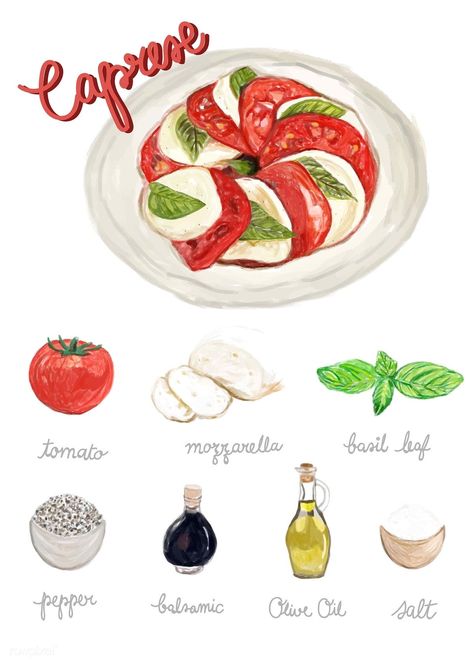 Recipe Drawing Food Illustrations, Salad Watercolor, Italian Food Illustration, Resep Sushi, Recipe Illustration, Cottagecore Recipes, Homemade Recipe Books, Recipe Book Design, Kitchen Witch Recipes