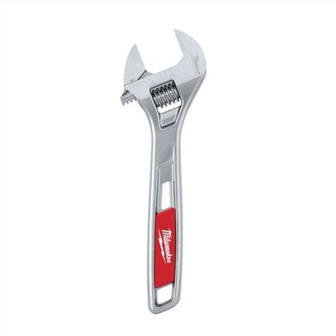 The Milwaukee Hand Tools Adjustable Wrench has a precision adjustment screw with accurate threads and tight tolerances. The slim head design is ideal for reaching into tight spaces. Parallel jaws that won't slip or damage finished surfaces. The jaw also features permanent lasered inch and millimetre markings for accurate adjustment. Milwaukee Hand Tools, Mask Types, Adjustable Wrench, The Palms, Types Of Buttons, Head Design, Palm Of Your Hand, Back Off, Socket Set