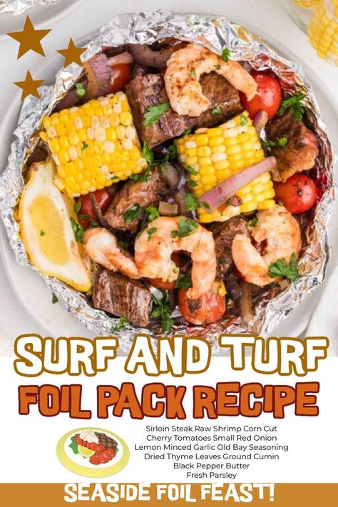 Surf and Turf Foil Pack is a delicious way to enjoy both steak and shrimp. It is the perfect meal for the campfire, oven or on your grill. If you are looking for a tasty homemade meal to prepare that is easy to cleanup, make this surf and turf recipe. #grillonadime #surfandturffoilpack #surfandturf #foilpackrecipe Surf And Turf Foil Packet, Surf And Turf Recipes, Surf N Turf Recipes, Dinner On The Grill, Quick Bread Recipes Easy, White Rice Recipes, Foil Pack Meals, Foil Packs, Steak And Shrimp