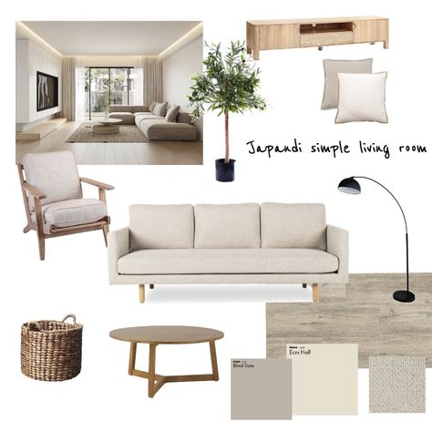 Simple Japandi Living Room, Beige Living Room Mood Board, Japandi Gray Floor, Open Plan Living Room Decor, Japandi Living Room Mood Board, Small Japandi Living Room, Japandi Couch, Japandi Mood Board, Furniture Mood Board