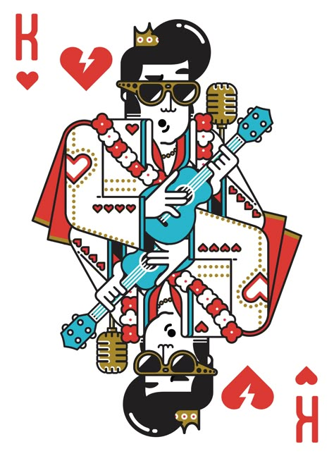 King Card Illustration, Deck Cards Illustration, Playing Cards Illustration, Playing Card Design Illustration, Elvis Illustration, Playing Card Graphic Design, Ukulele Illustration, Character Lineart, Graphic Design Playing Cards