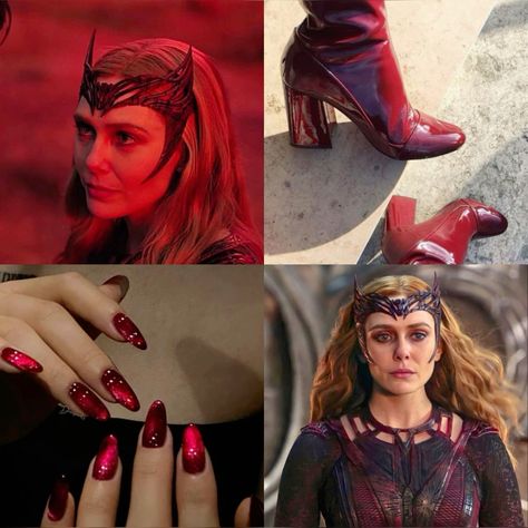 Wanda Maximoff/ Scarlet Witch aesthetic board Wanda Maximoff Costume Ideas, Wanda Maximoff Nails, Wanda Maximoff Makeup, Scarlet Witch Nails, Wanda Nails, Wanda Makeup, Scarlet Witch Halloween, Scarlet Witch Aesthetic, Marvel Nails