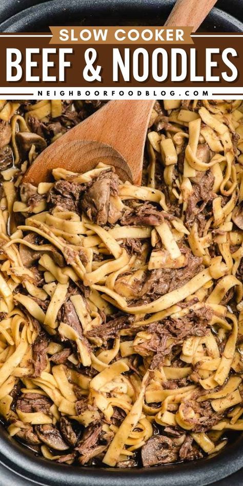 Try these Slow Cooker Beef and Noodles! Your family will love this main dish with shredded beef and Amish egg noodles. Save this crock pot beef recipe and look forward to a hearty, satisfying dinner idea for tonight! Crock Pot Beef And Noodles, Slow Cooker Beef And Noodles, Beef And Noodles Crockpot, Crockpot Steak, Crock Pot Beef, Homemade Egg Noodles, Work Food, Beef Noodles, Baking Secrets