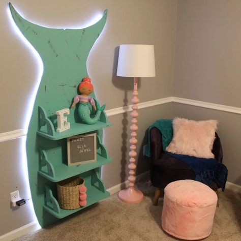 Mermaid Bookshelf With LED Night Light Mermaid Bedroom Ideas For Girls Kids, Rainbow Mermaid Bedroom, Pink Mermaid Bedroom Ideas, Mermaid Theme Bedroom, Mermaid Ocean Bedroom Ideas, Mermaid Girls Bedroom, Mermaid Themed Bed, Mermaid Bookshelf, Mermaid Room Ideas Kids