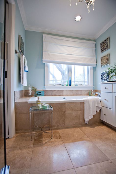 House of Turquoise: Beloved Rainwashed by Sherwin Williams Beige Tile Bathroom, Brown Tile Bathroom, Tan Bathroom, Tan Tile, Bathroom Wall Colors, Brown Tile, Eclectic Bathroom, Bathroom Color Schemes, House Of Turquoise