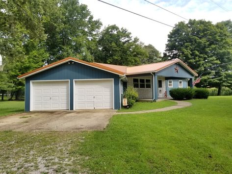 Blue house with copper metal roof, T1-11 siding Copper Roof House, Metal Siding House, Copper Metal Roof, T1 11 Siding, Metal Roof Houses, Blue Siding, Metal Roof Colors, Corrugated Iron, Siding Colors