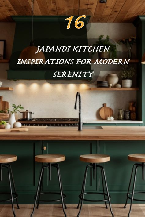 Explore my collection of Japandi kitchen inspirations that beautifully blend simplicity and elegance. This serene space features rich green cabinetry and warm wooden accents, perfect for creating a calming culinary environment. Let this design inspire you to embrace the modern serenity in your own kitchen! Japandi Kitchen Green, Japandi Green, Japandi Kitchen Ideas, Japandi Kitchen Design, Japandi Dining Room, Warm Inviting Home, Japandi Kitchen, Japandi Design, Asian Homes