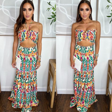 Embrace vibrant elegance with our Aztec multicolored, rainbow print maxi dress! This versatile piece can be worn two ways: strapless with a small cutout for a chic look or tied at the neck as a halter for added support. Featuring a crunched top and flowy bottom, this maxi dress is perfect for any occasion, from a vacation to a destination wedding. Dress it up with heels for a night out or keep it casual with flats for a weekend getaway. Add some nice earrings, put your hair up, and you’re rea... Nice Earrings, Destination Wedding Dress, Chic Look, Rainbow Print, Weekend Getaway, Fun Earrings, Shoe Store, Printed Maxi Dress, Up Hairstyles