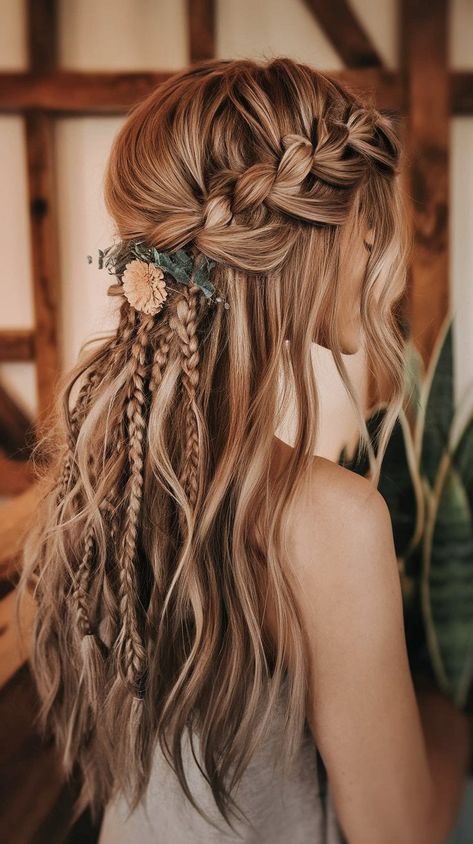 Loosened Plait Braid Styles to Try in 2024 Boho Viking Wedding Hair, Braid Buns, Jumbo Boho Braids, Celestial Hair, Boho Braid, Boho Wedding Hair, Flowers In Her Hair, Bohemian Hairstyles, Hair Shades