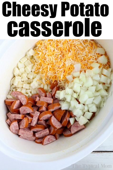 Cheesy Crockpot Potatoes, Crockpot Potatoes, Crockpot Potato, Cheesy Breakfast, Dinner Sausage, Cheesy Potato Casserole, Cheesy Potato, Hearty Meal, Crockpot Dishes