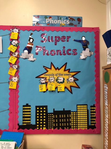 Superhero themed phonics display. Sounds of the week displayed and children write words related to the sound wach day. Once complete they move to the side, ready for the new set of sounds Sound Of The Week Display, Phonics Display, Wall Displays, Red Hen, Phonics Activities, Superhero Theme, Kids Writing, I School, Wall Display